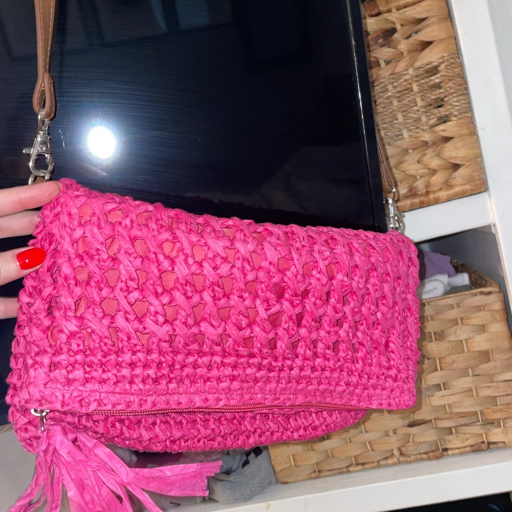 Pink Woven Clutch Bag